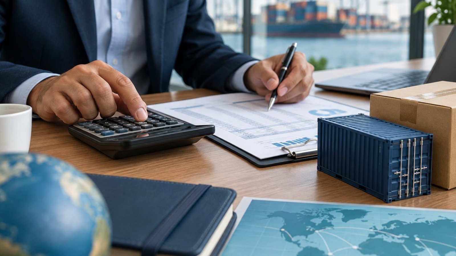 Calcul du coût d’importation : calculatrice, documents et conteneur miniature — illustration