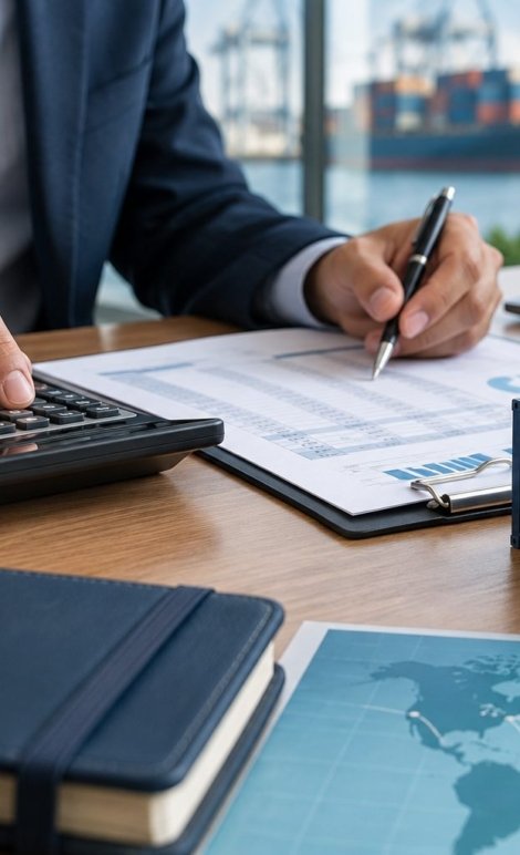 Calcul du coût d’importation : calculatrice, documents et conteneur miniature — illustration