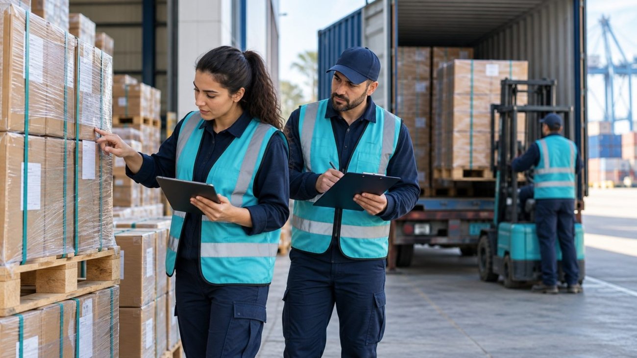 Contrôle de cartons sur palettes avant le chargement d’un conteneur — illustration