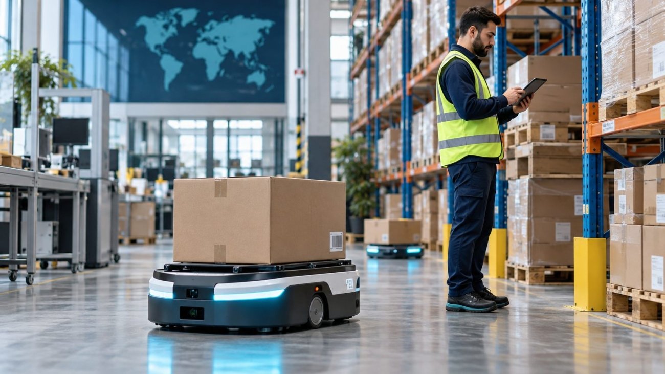 Robot logistique et suivi numérique dans un entrepôt moderne — illustration