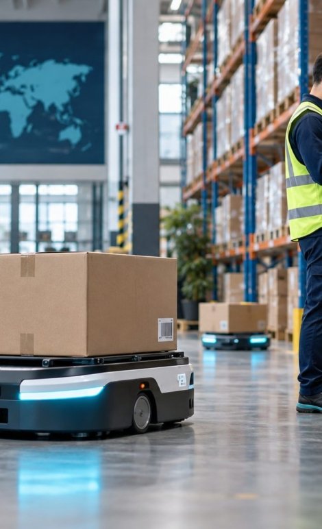 Robot logistique et suivi numérique dans un entrepôt moderne — illustration