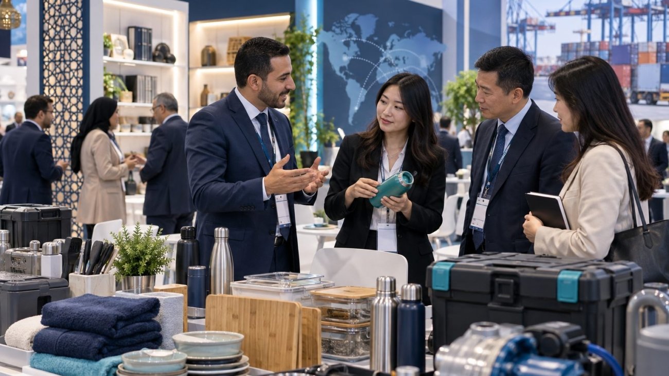 Rencontre commerciale autour de produits dans un salon professionnel — illustration
