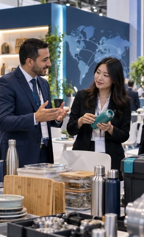 Rencontre commerciale autour de produits dans un salon professionnel — illustration